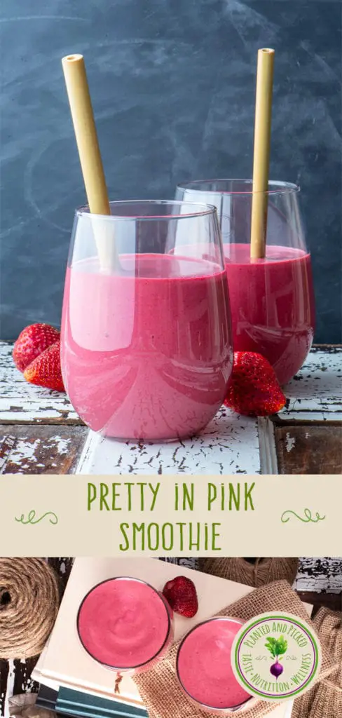 pretty in pink smoothie in glasses and on stack of books - pinterest image
