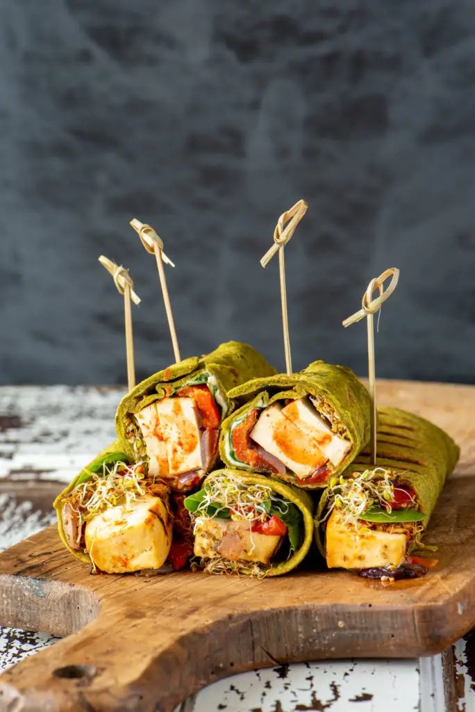 grilled vegetable and tofu wraps on board