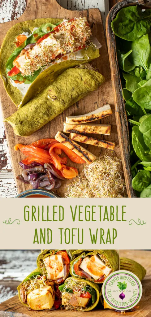 grilled vegetable and tofu wrap on board - pinterest image