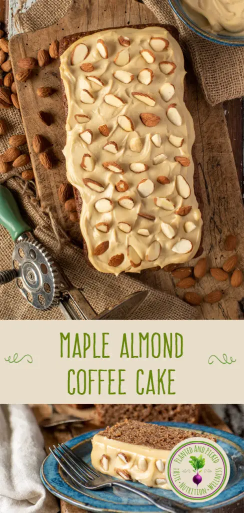 maple almond coffee cake on board and plate - pinterest image