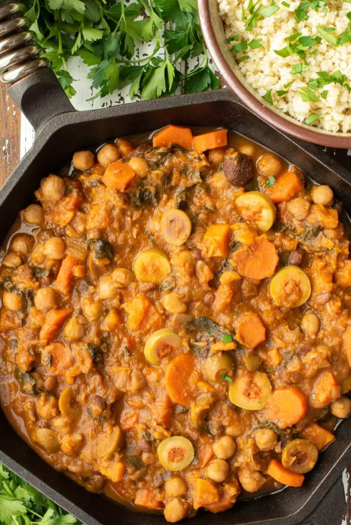 Moroccan chickpea stew in skillet