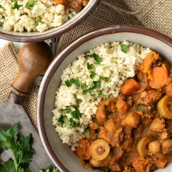 Moroccan chickpea stew and quinoa in bowl