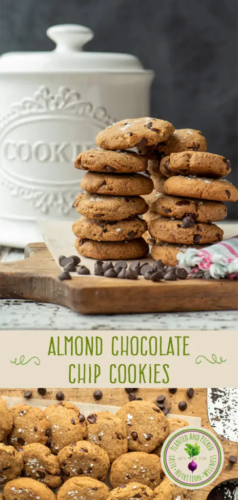 almond chocolate chip cookies stacked and on cutting board - pinterest image