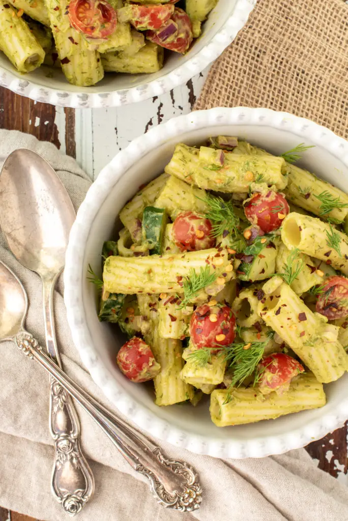 avocado dill pasta salad in bowl