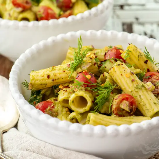 avocado dill pasta salad in bowl