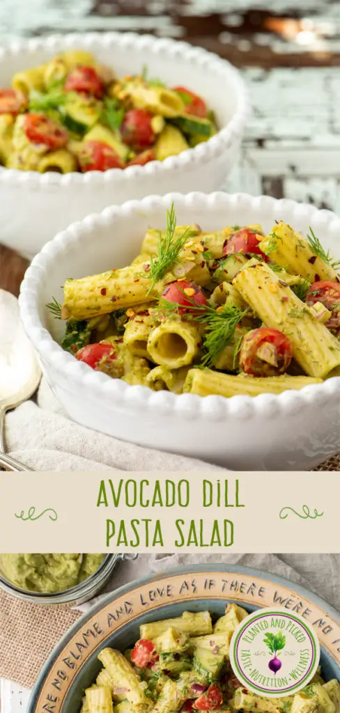 avocado dill pasta salad in bowls