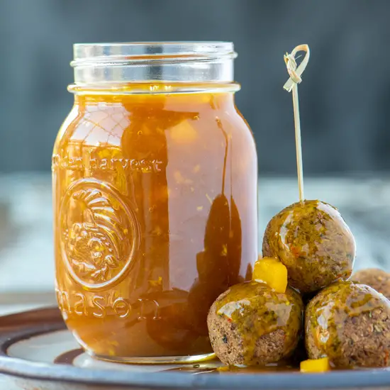 pineapple sweet and sour sauce on lentil balls