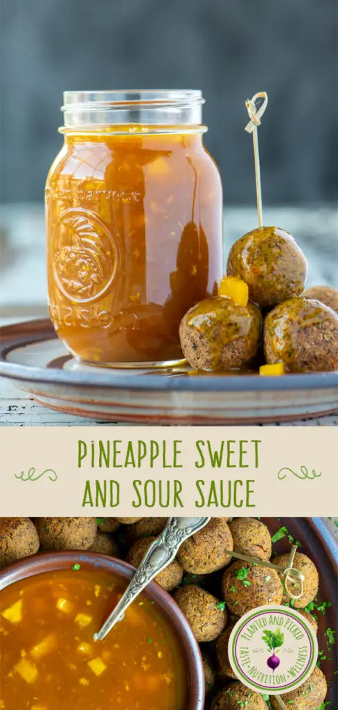 pineapple sweet and sour sauce in dish and jar - pinterest image