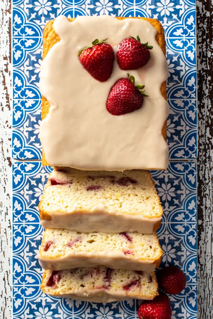 lemon strawberry loaf on tile