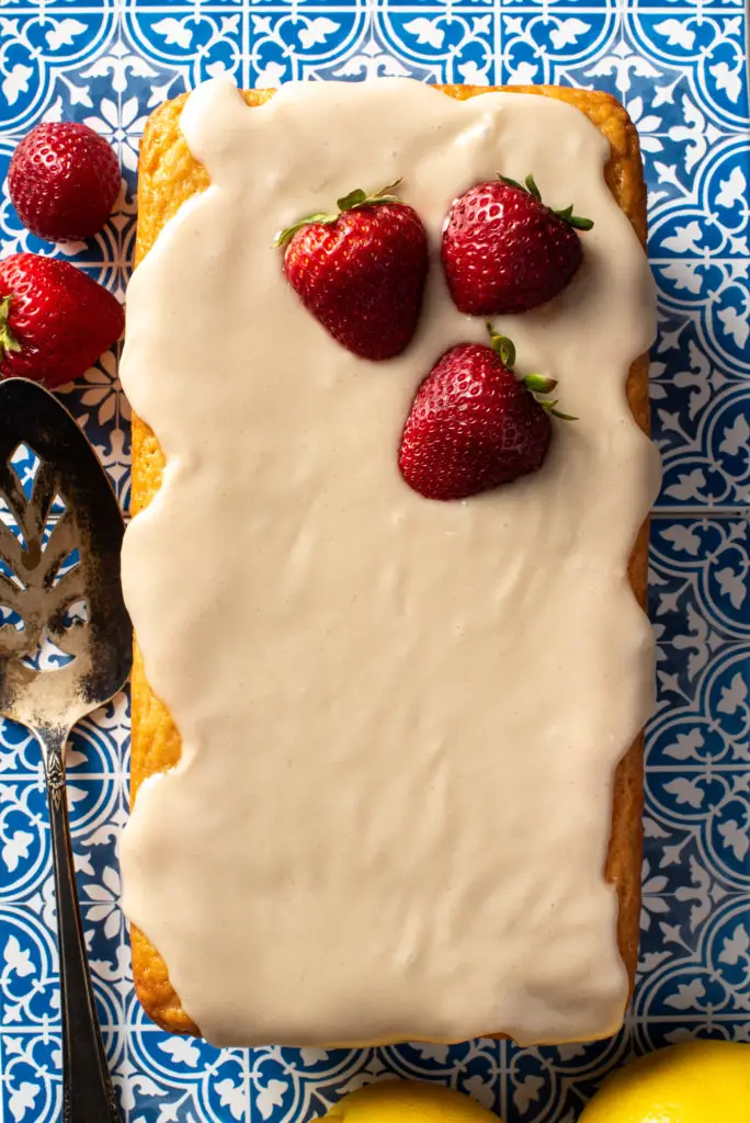 lemon strawberry loaf on tile