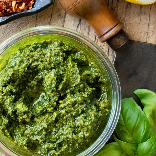 nut free basil pesto in jar