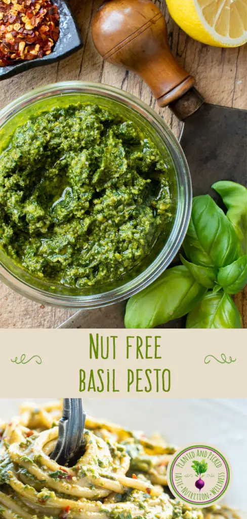 nut free basil pesto in jar and on plate - pinterest image