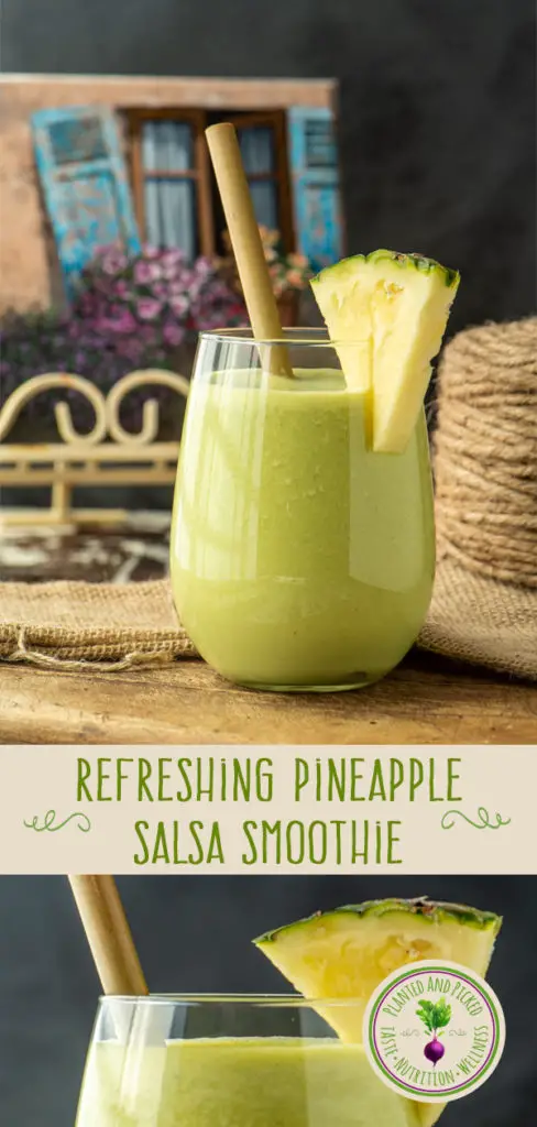 refreshing pineapple salsa smoothie in glass - pinterest image