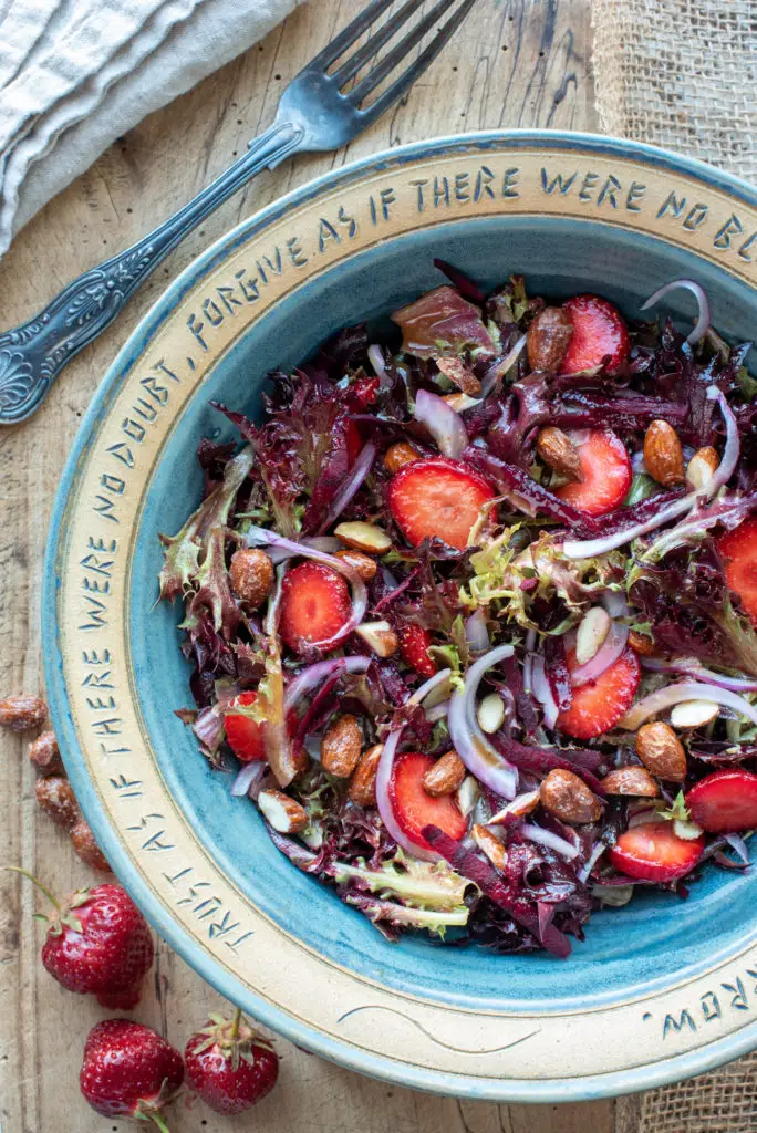 strawberry beet maple almond salad in bowl