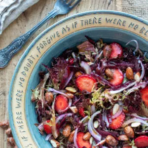 strawberry beet maple almond salad in bowl