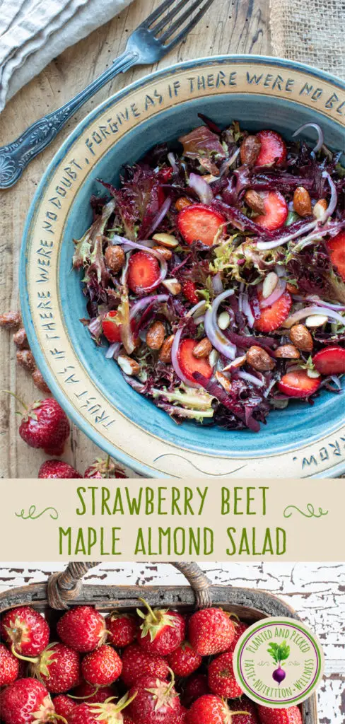 strawberry beet maple almond salad in bowl and strawberries in basket - pinterest image