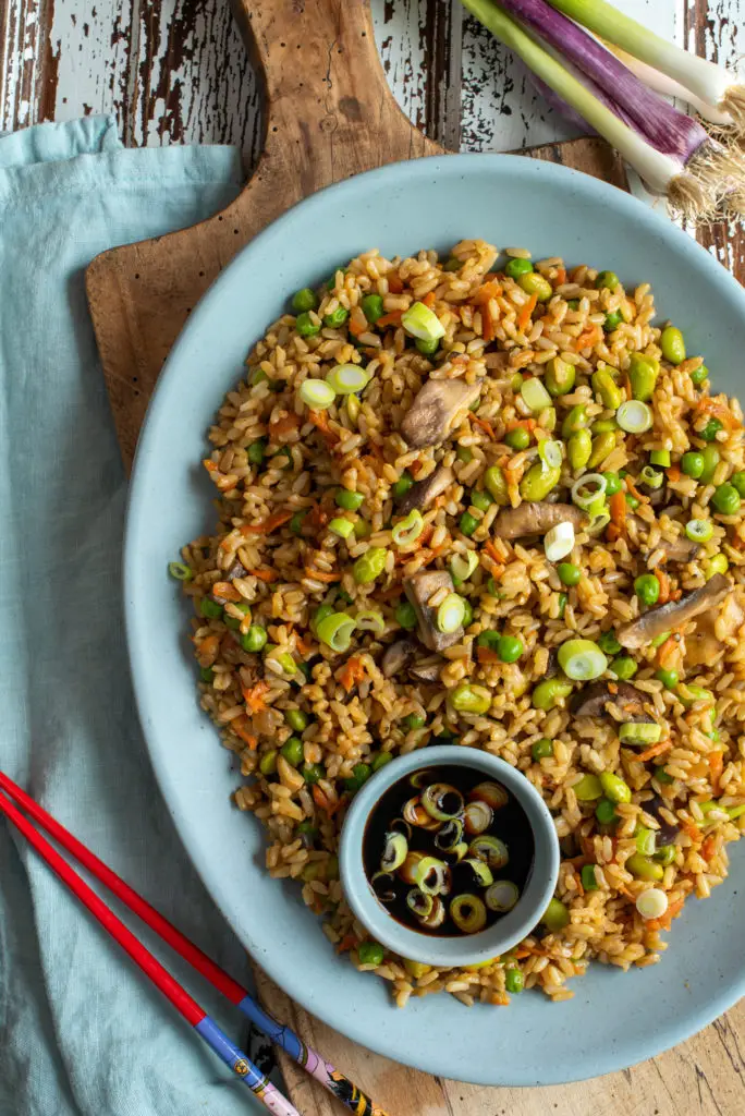 bountiful vegetable fried rice on platter