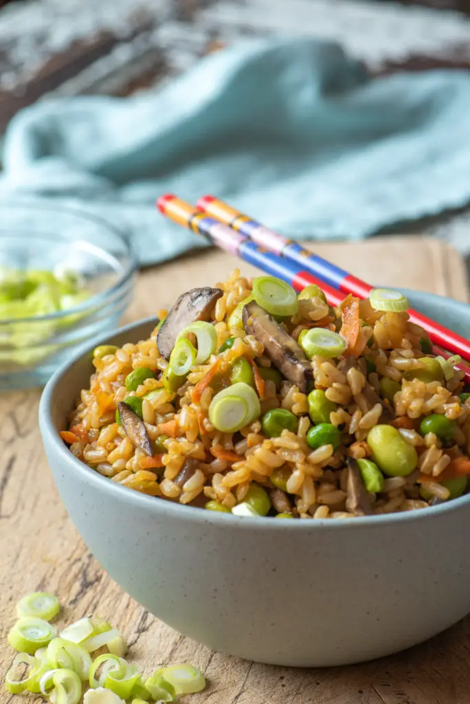 bountiful vegetable fried rice in bowl with chop sticks