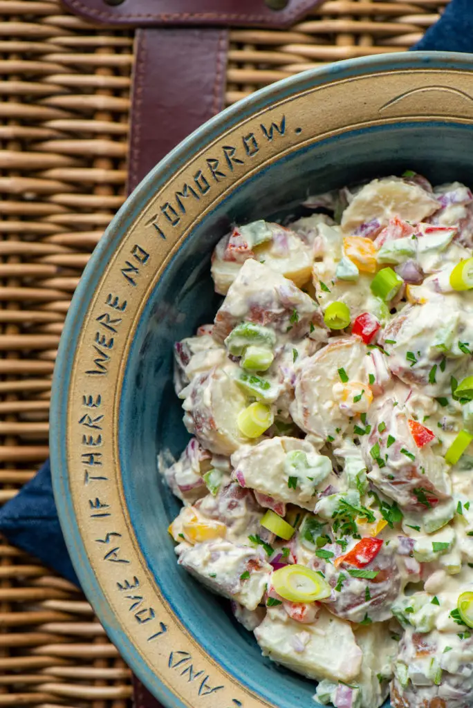 creamy vegan potato salad in bowl