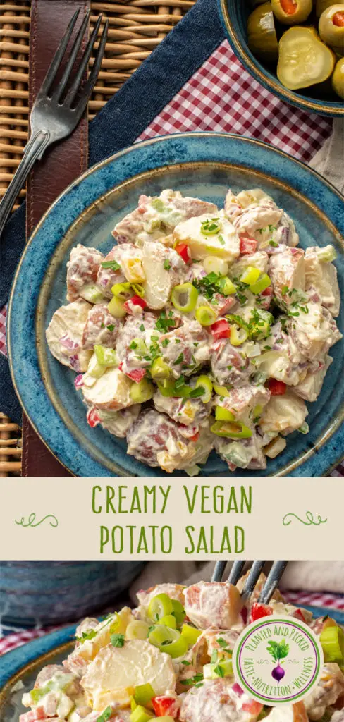 creamy vegan potato salad on plates - pinterest image