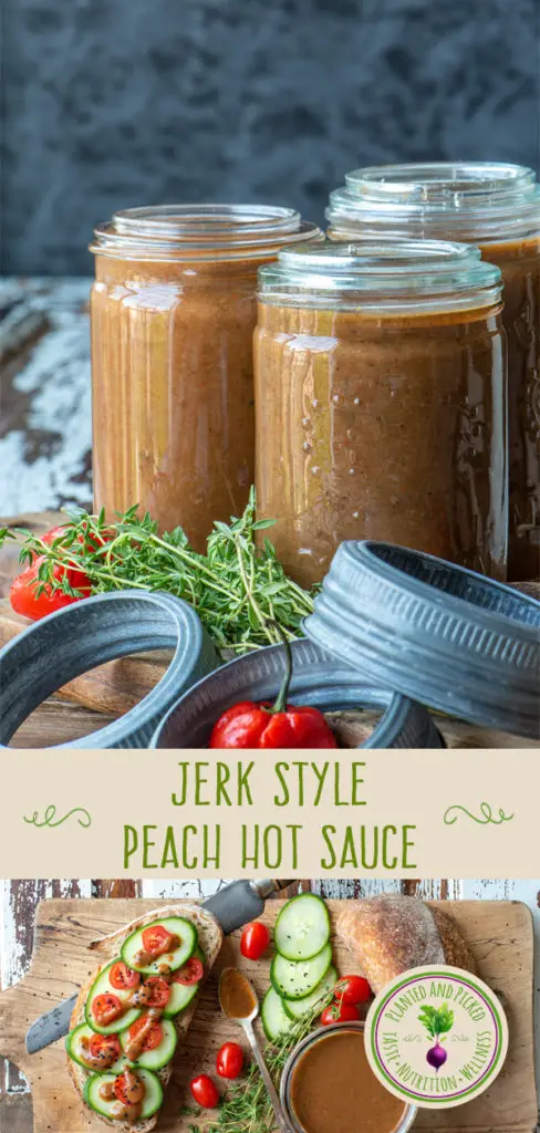 jerk style peach hot sauce in jars - pinterest image
