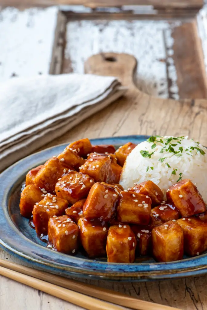 spicy sticky tofu with rice on plate