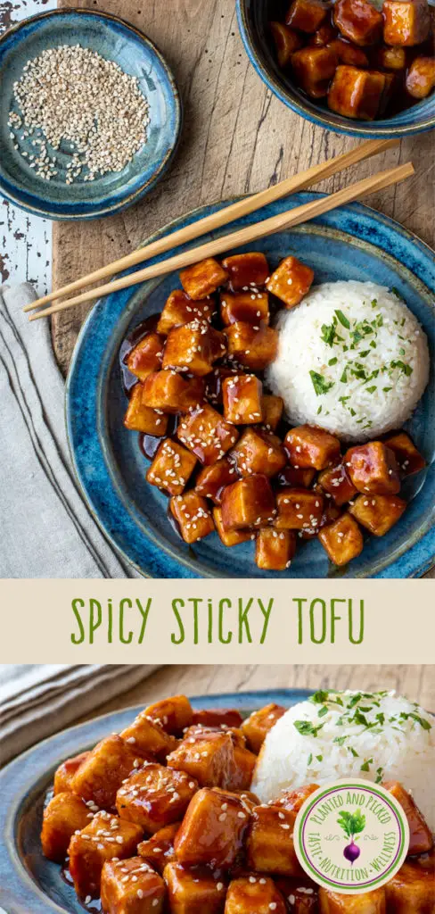 spicy sticky tofu with rice on plates - pinterest image