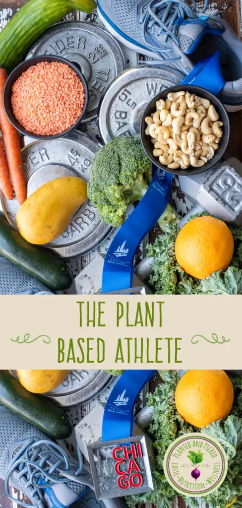 plant-based foods next to shoes weights and medal - pinterest image