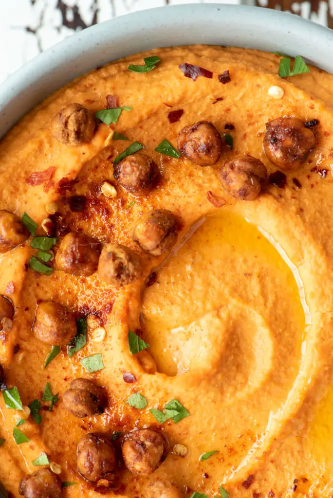 roasted red pepper hummus in bowl