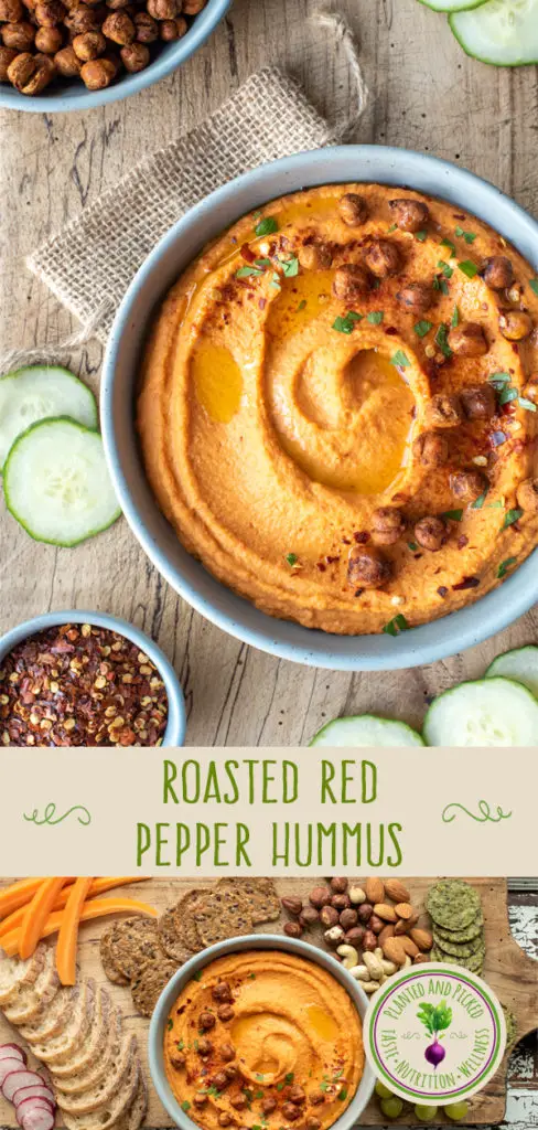 roasted red pepper hummus in bowl on cutting board - pinterest image