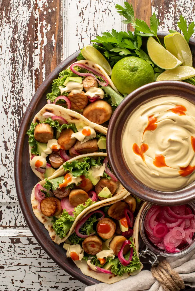 vegan scallop tacos on platter