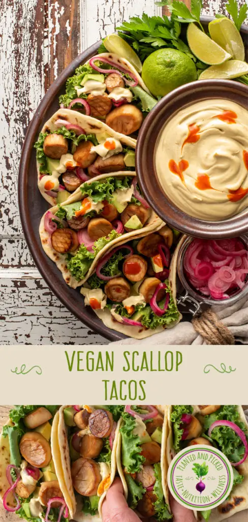 vegan scallop tacos on platter - pinterest image