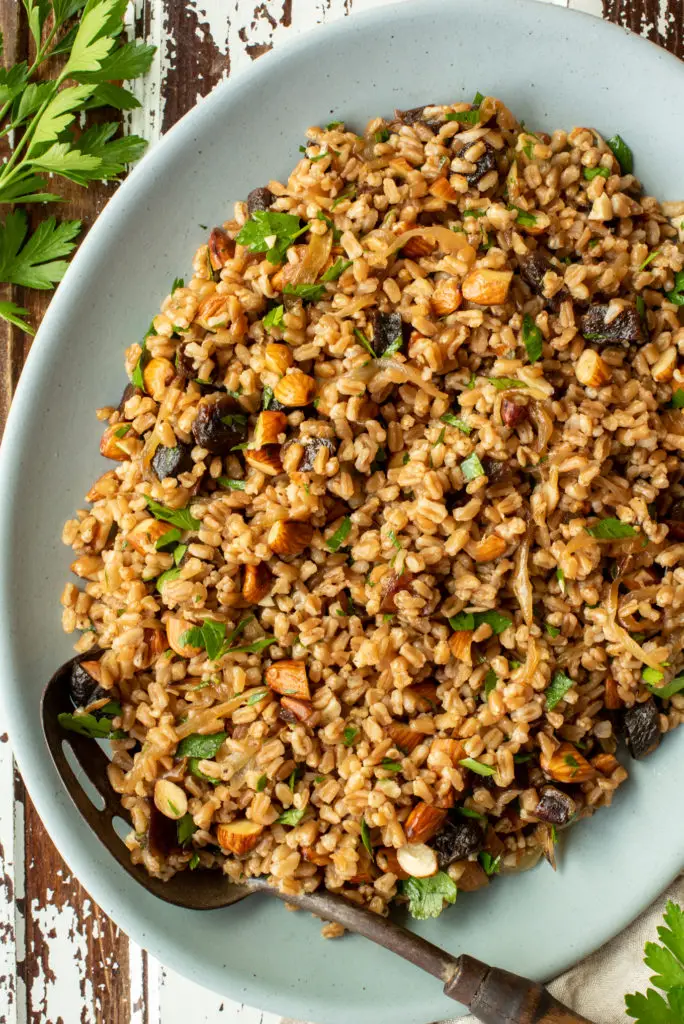 wholesome and healthy farro salad on platter