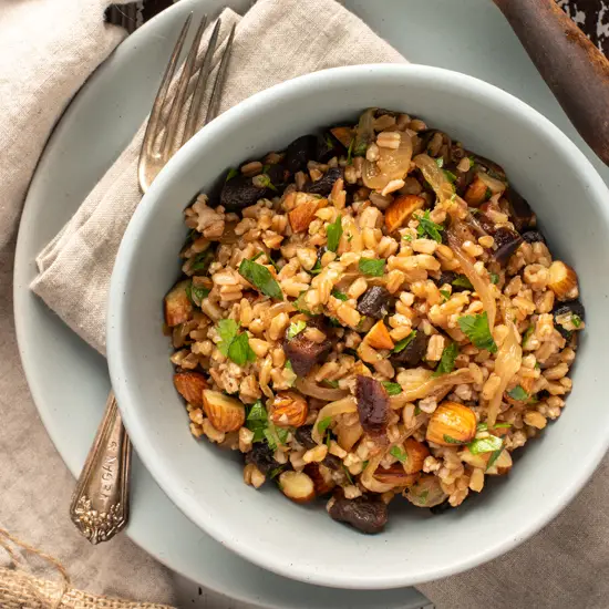 wholesome and healthy farro salad in bowl