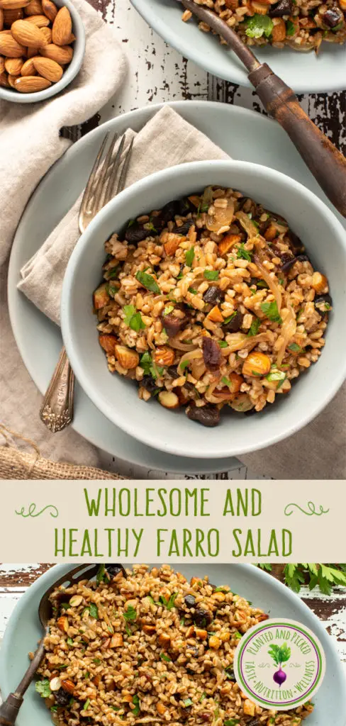 farro salad in bowl and on platter - pinterest image