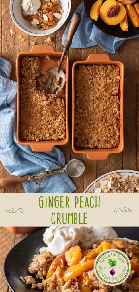 ginger peach crumble in baking dishes and on plate