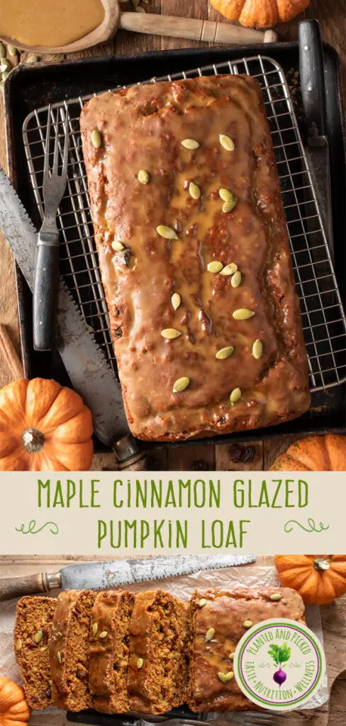 maple cinnamon glazed pumpkin loaf on cooling rack and cutting board - pinterest image