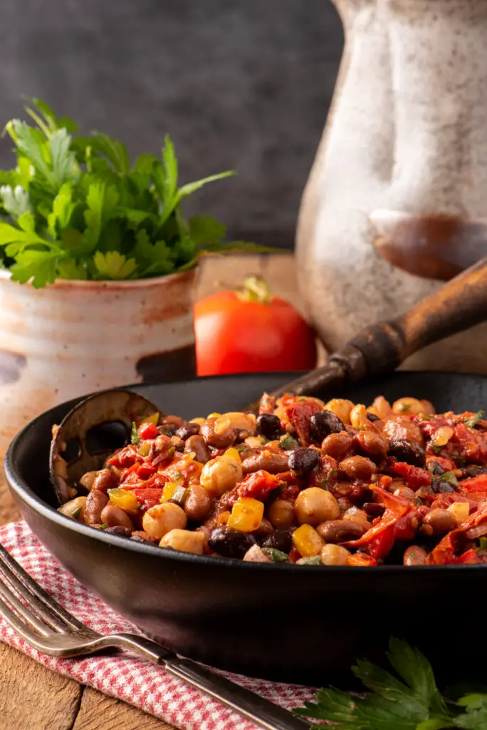 slow roasted tomato bean salad in bowl