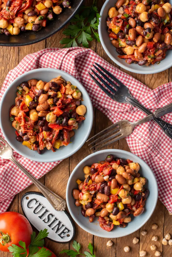 slow roasted tomato bean salad in bowls