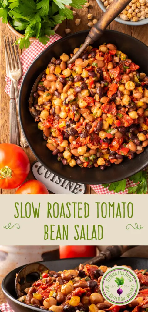 slow roasted tomato bean salad in bowls - pinterest image