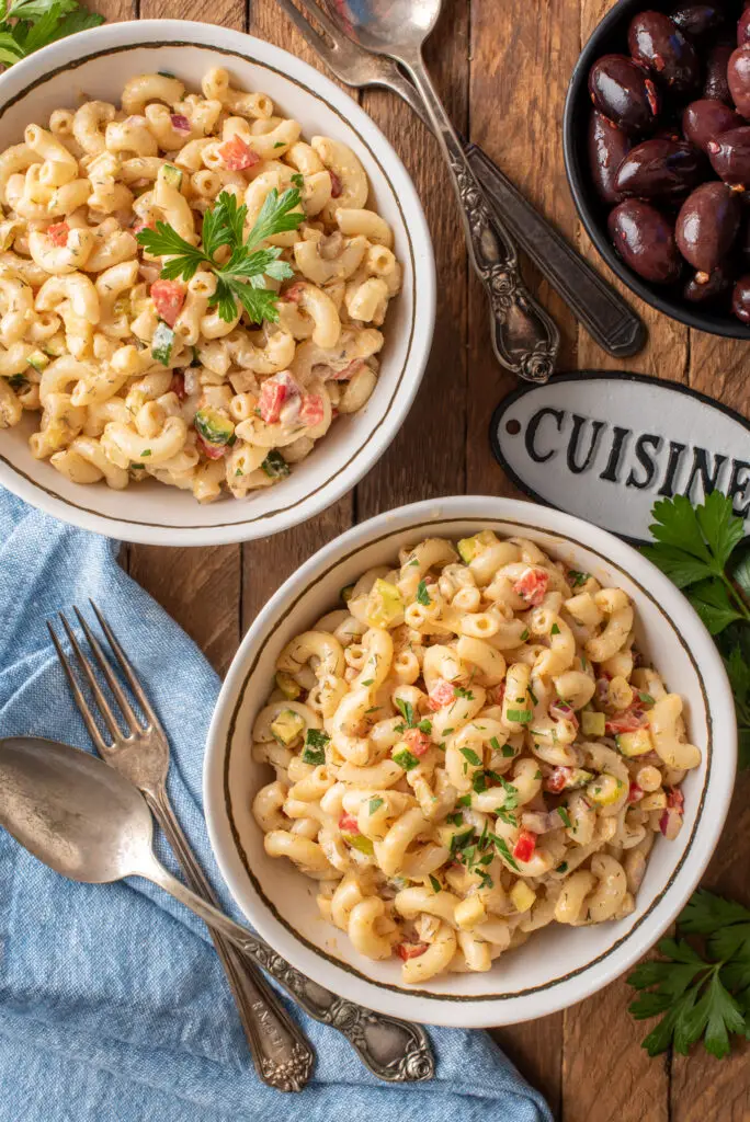 classic vegan macaroni salad in bowls