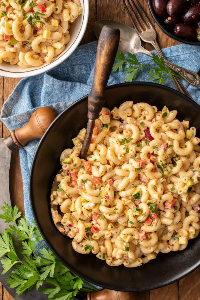 classic vegan macaroni salad in bowl