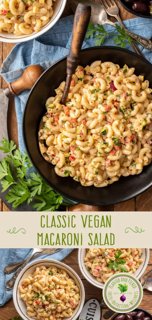 classic vegan macaroni salad in bowl - pinterest image
