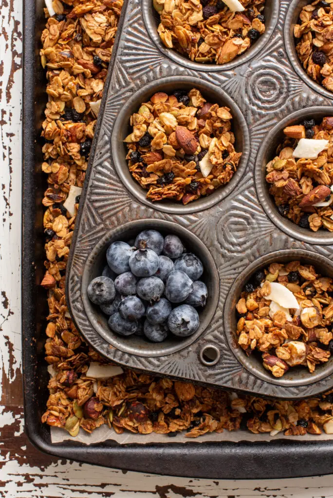 coconut blueberry granola in pans