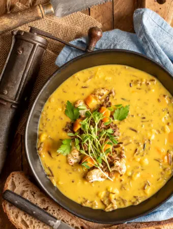 curried cauliflower and wild rice soup in bowl