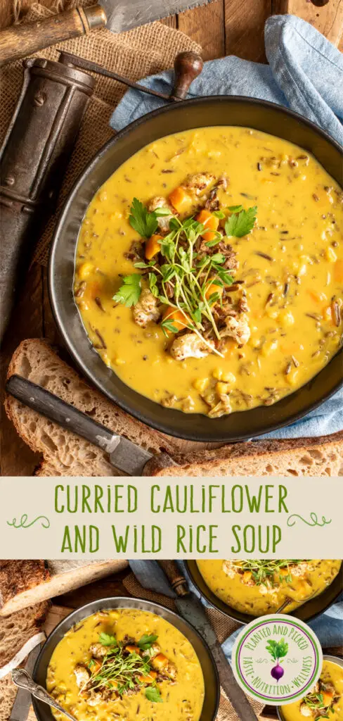 curried cauliflower and wild rice soup - pinterest image