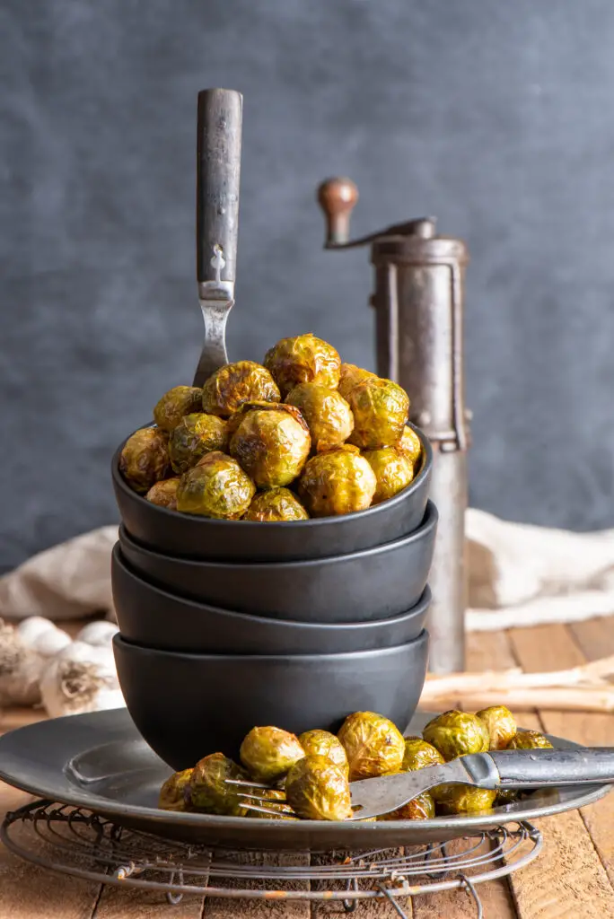 garlicky maple brussels sprouts in bowl