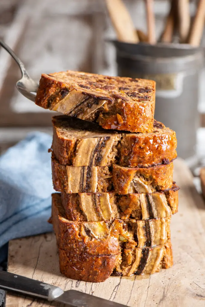 stack of seedy chocolate chip banana bread