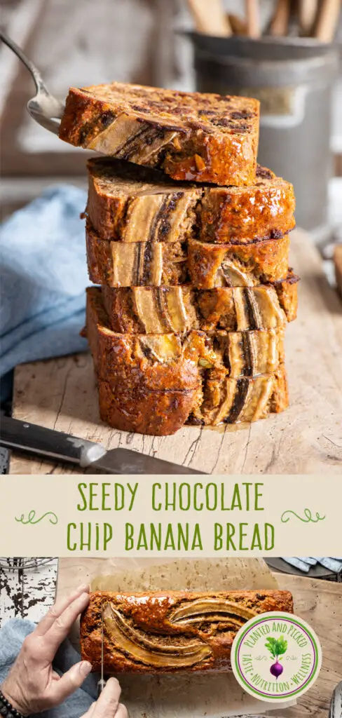 stack of sliced seedy chocolate chip banana bread - pinterest image