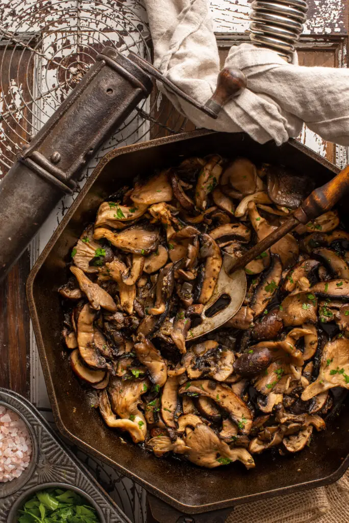 mushrooms in cast iron pan